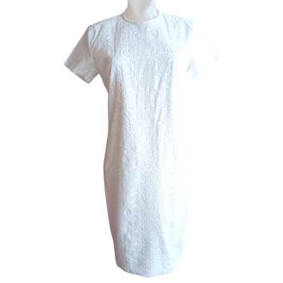 S/M Vintage 70's White Embroidered Short-Sleeve Sheath Dress Back Zipper 1970's - Picture 6 of 10